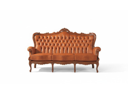 Luxe 3-zitsbank van bruin leer in art-decostijl.