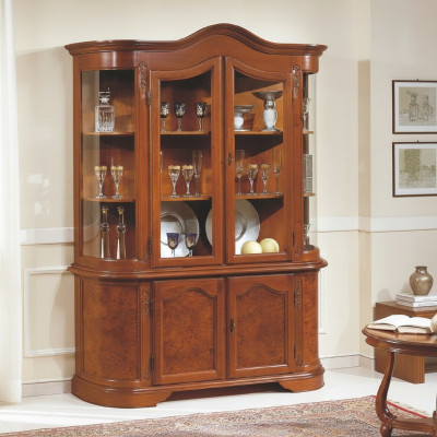 Meubel Glas Vitrine Hout Bruine glazen vitrinekast planken Italië klassieke meubels Nieuw