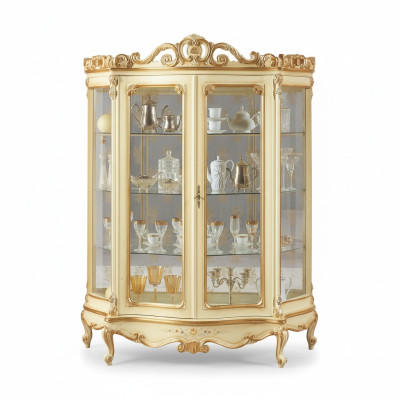 Glazen vitrine met kunstig snijwerk en elegant ontwerp.