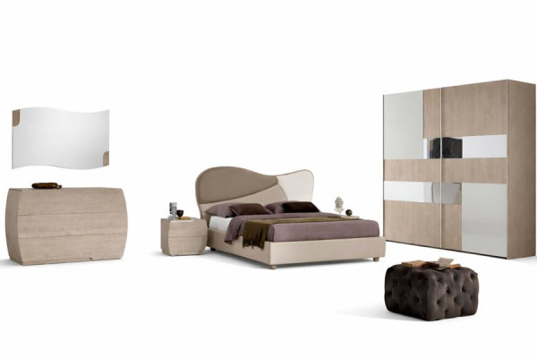 Set 6-delige slaapkamer: bed, nachtkastje, commode, spiegel, kledingkast, set.