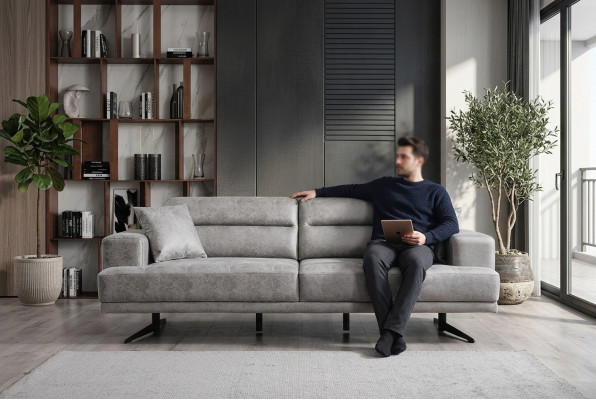 Bank 3-zitsbank Leder Driezits zittingbekleding Ontwerp Woonkamer Modern Grijs
