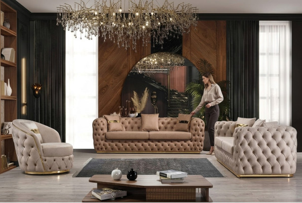 Chesterfield bankstel 3+3+1+1 zitsbankstel bank fauteuil bankstellen leder beige.   Chesterfield bankstel 3+3+1+1 bank fauteuil bankstel in beige leder.
