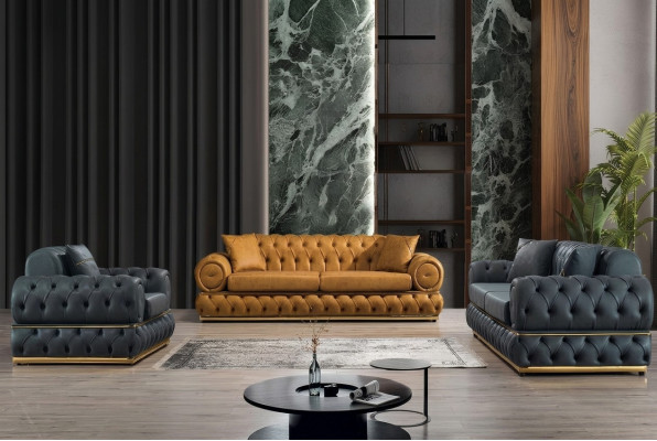 Sofa set 3+3+1 zits bankstel bank fauteuil bankstellen leer luxe Chesterfield.