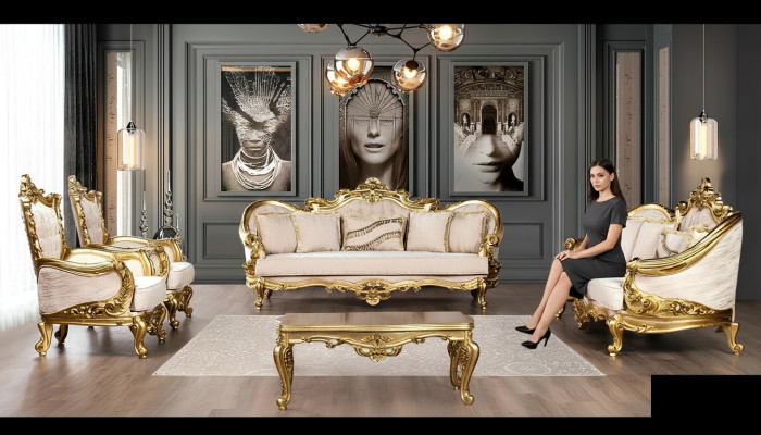 Sofa set bank tafel fauteuil banken set stof barok zitplaatsen 5-delig nieuw.