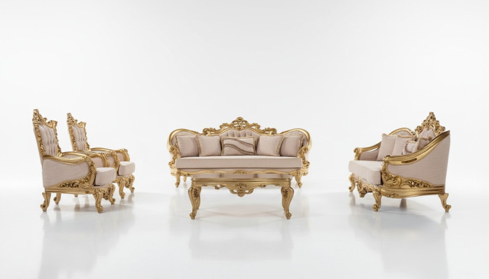 Sofa set bank tafel fauteuil banken set stof barok zitplaatsen 5-delig nieuw.