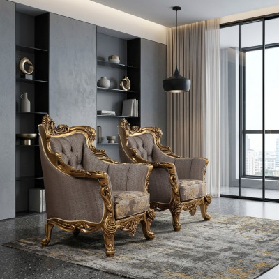 Een luxueuze klassieke fauteuil in donkergrijs met een gouden barokdesign van Chesterfield