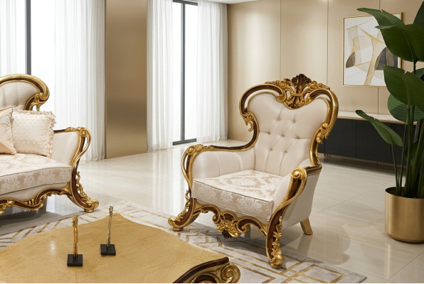 Luxe klassieke fauteuil met oor in wit-gouden barok design.