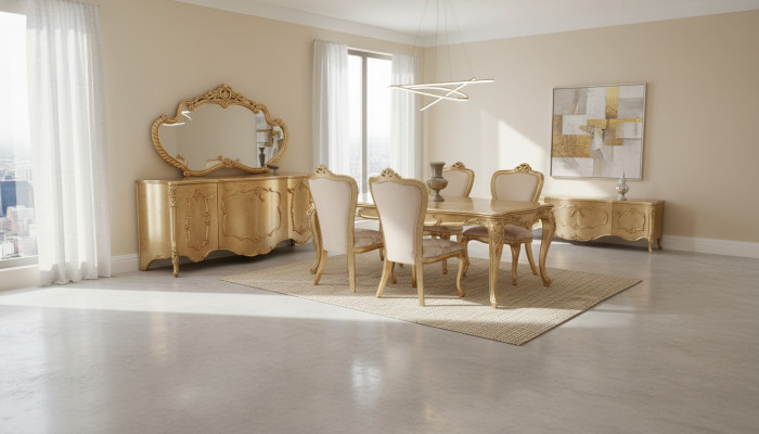 Luxe set met 9 delen. Eettafel, stoel, dressoir, spiegel. Nieuwe eettafel.