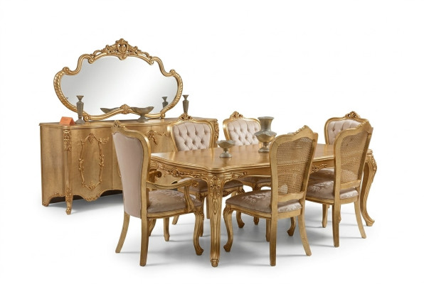 Luxe set met 9 delen. Eettafel, stoel, dressoir, spiegel. Nieuwe eettafel.