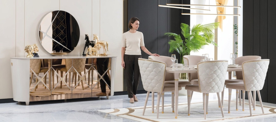 Eetkamer Set Groep Garnituur Tafel nieuw Eettafel 6x Stoelen Dressoir Spiegel 9-delig
