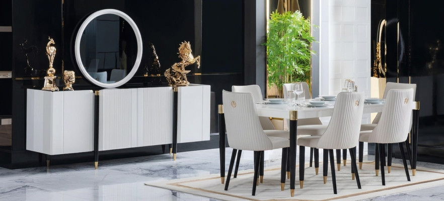 Eettafel 6 stoelen commode spiegel Complete eetkamerset 9-delig Nieuwe set
