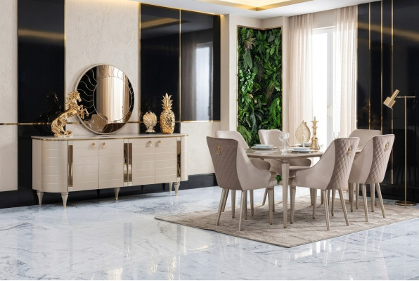 Volledige eetkamer dressoir tafel 6x stoelen dressoir spiegel set garnituur nieuw