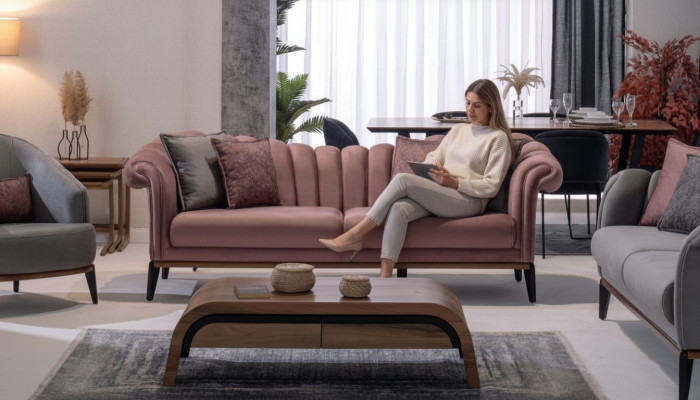 Italiaanse stijl 2-zits woonkamer bank bankstel Gestoffeerde zitting textiel Roze Nieuw