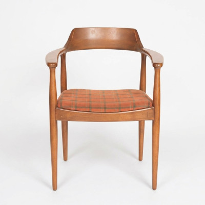 Stel van 8 stoelen stoel ontwerp hout stof bekleding stoelen eetkamer textiel.