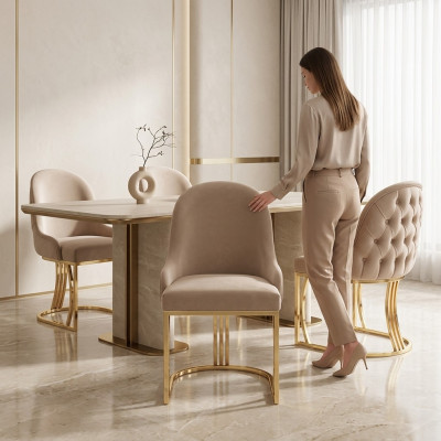 Eetkamer Textiel Gastro Stoel Ontwerp Set 4x Stoelen van Stof met Bekleding