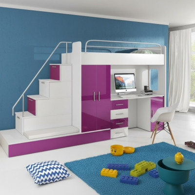 Paars kinderhoogslaper stapelbed tweepersoonsbed bed hoogglans meubels