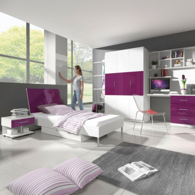 Slaapkamer Paars Bed 2x Nachtkastje Bureau Kinderbed Set 5-delig.