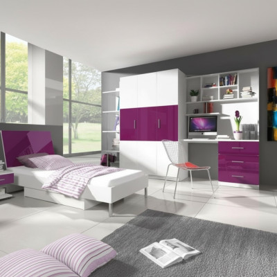 Slaapkamer Paars Bed 2x Nachtkastje Bureau Kinderbed Set 5-delig.