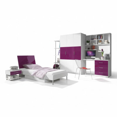 Slaapkamer Paars Bed 2x Nachtkastje Bureau Kinderbed Set 5-delig.