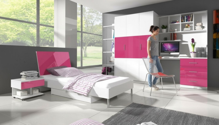 Roze kinderkamerset bed nachtkastje kast bureau boekenkast nieuw 5-delig.