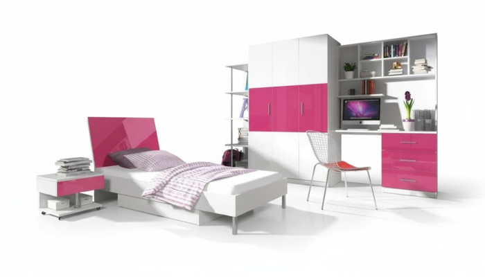 Roze kinderkamerset bed nachtkastje kast bureau boekenkast nieuw 5-delig.