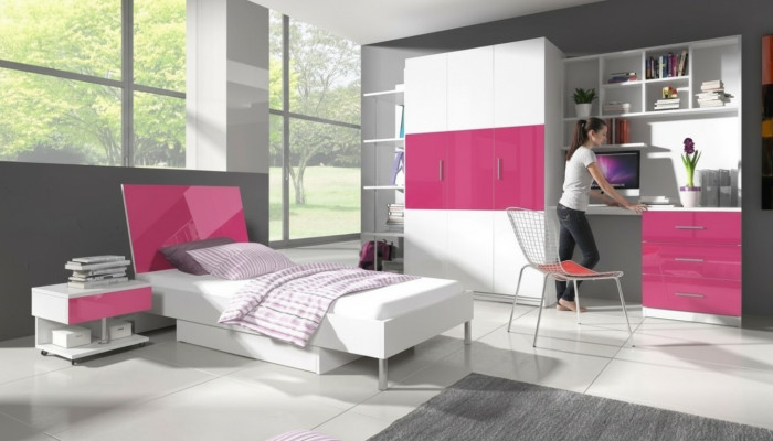 Bed + nachtkastje kinderkamer slaapkamer meubels bedden 2-delig set roze.