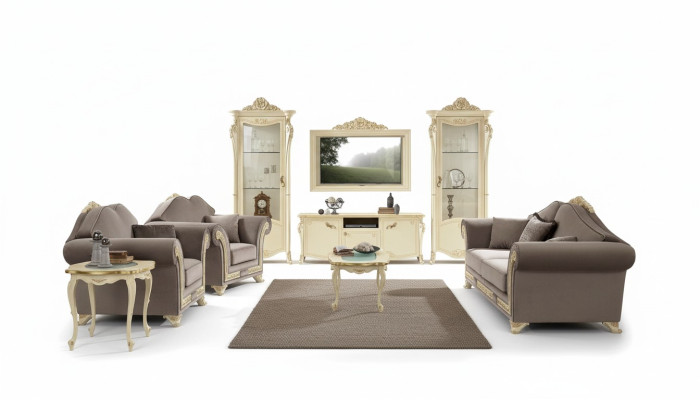 Tv kast Hout rtv woonwand Woonkamer Klassiek design Set 2-delig Beige Nieuw