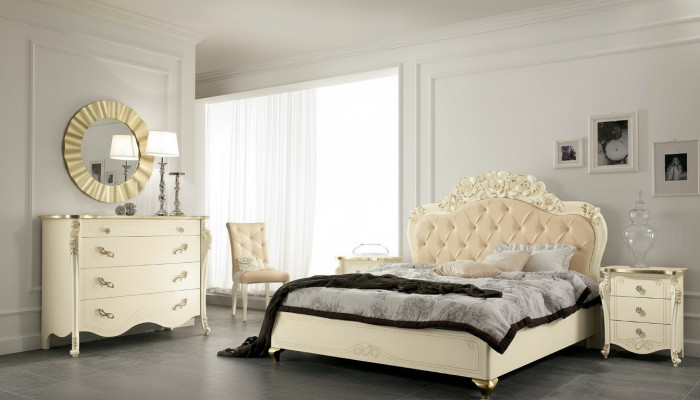 Slaapkamer set Beige Slaapkamer Bed Nachtkastje Commode Spiegel Stoel 6-delig.