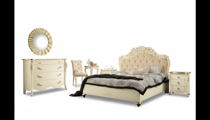 Slaapkamer set Beige Slaapkamer Bed Nachtkastje Commode Spiegel Stoel 6-delig.