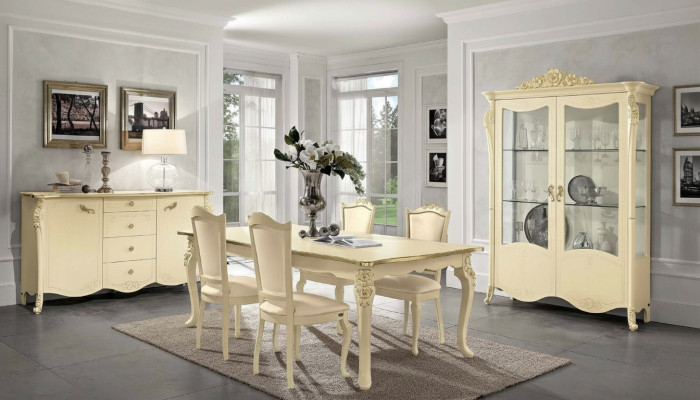 Eetkamer Beige Eettafel 4x Stoelen Dressoir Vitrine Groep Set Meubels 7-delig