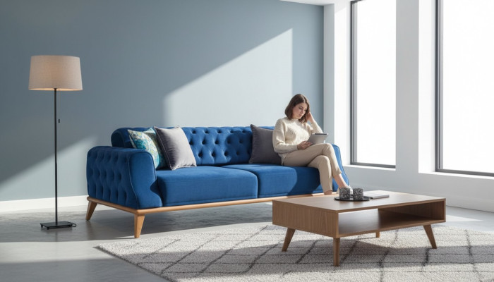 Bankstel 3-zits Blauw Woonkamer Klassieke Chesterfield Elegante Stijl.
