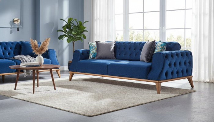 Bankstel 3-zits Blauw Woonkamer Klassieke Chesterfield Elegante Stijl.
