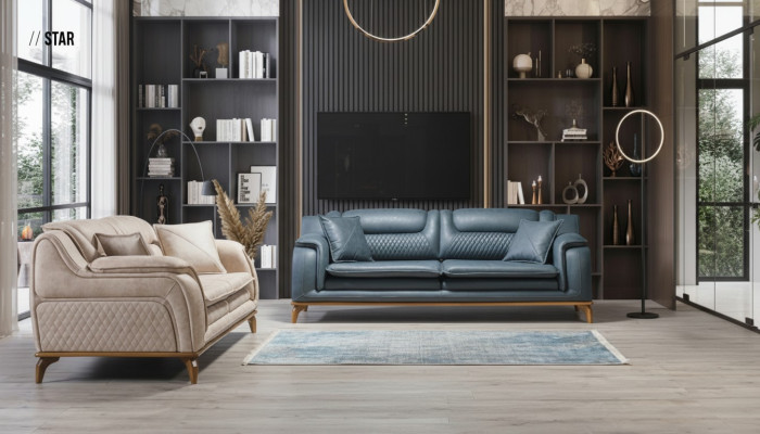 Sofaset 3+3+1 zits Blauwe fauteuil Luxe lederen bank Bank Meubels Western Stijl