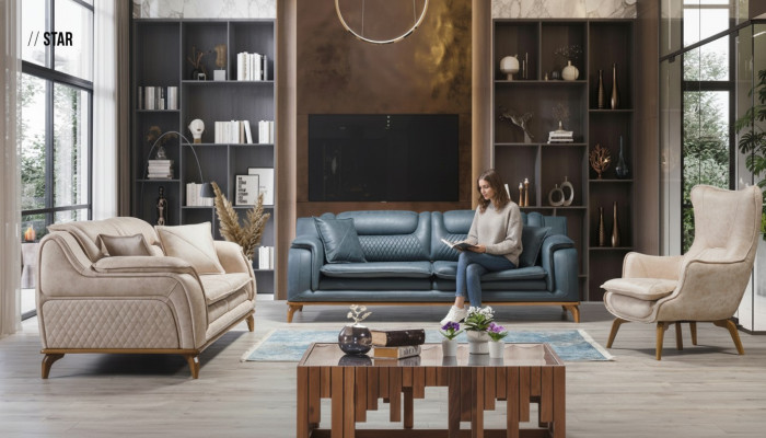 Bank Blau 3-zits woonkamer bankstel design Chesterfield Italiaanse stijl meubels