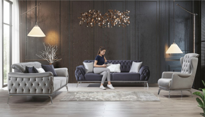 Bankstel 3+3+1 Zits Blauwe Fauteuil Luxe Chesterfield Inrichting