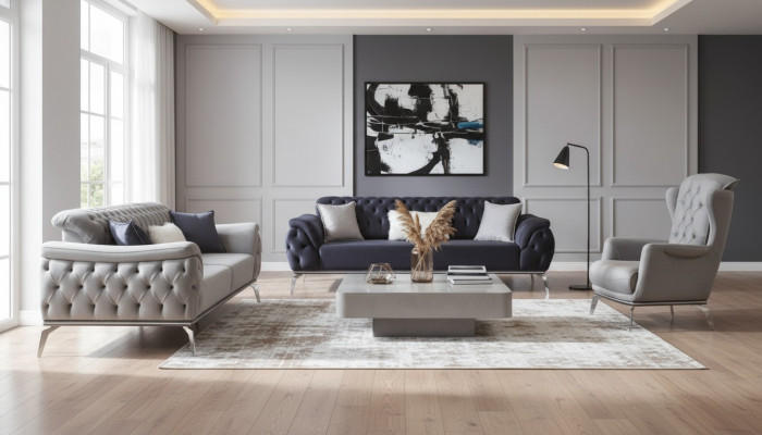 Bankstel 3+3+1 Zits Blauwe Fauteuil Luxe Chesterfield Inrichting