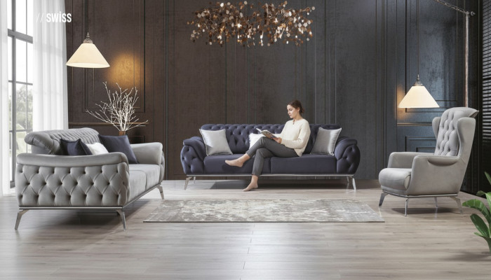 Bank Blau 3-zits woonkamer luxe ontwerp Chesterfield Italiaans