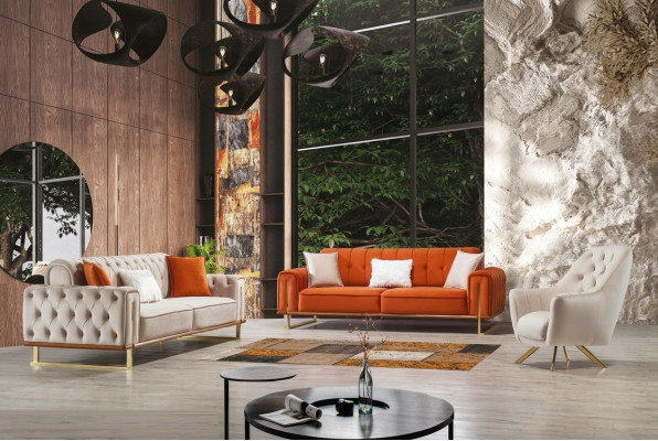 Bank Oranje 3-zits Woonkamer Luxe Chesterfield Italiaans