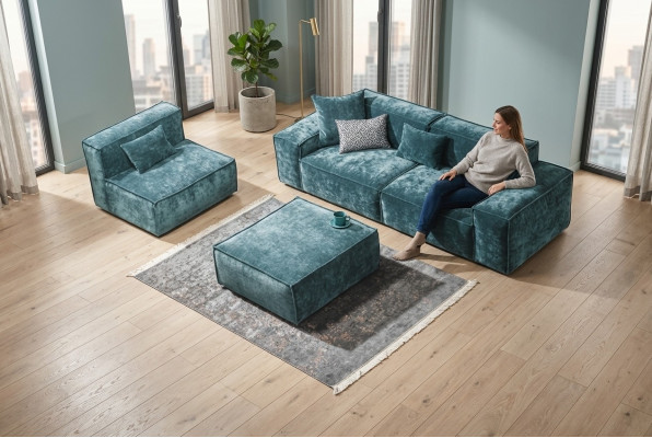 Sofaset Kubus Meubelen xxl 3+1 zits Blauwe Woonkamer Fauteuil Voetenbankje