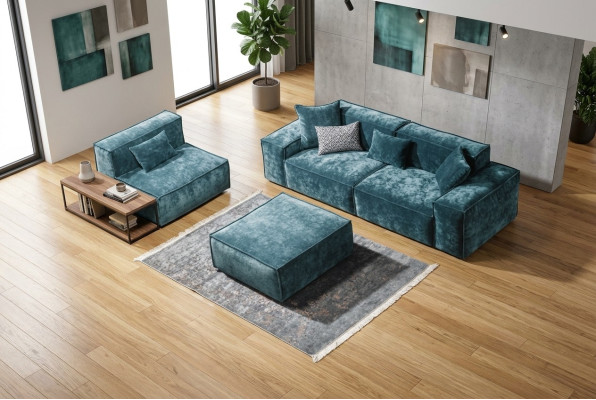 Sofaset Kubus Meubelen xxl 3+1 zits Blauwe Woonkamer Fauteuil Voetenbankje