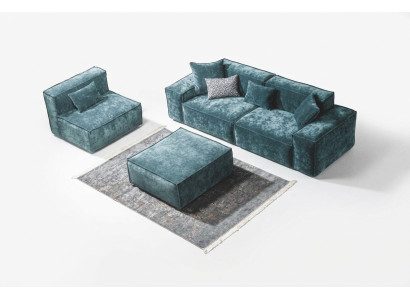 Sofaset Kubus Meubelen xxl 3+1 zits Blauwe Woonkamer Fauteuil Voetenbankje