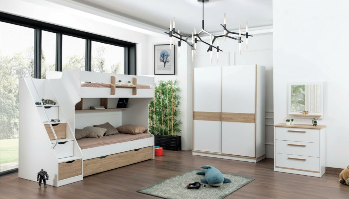 Hoogslaper stapelbed commode spiegel slaapkamer spiegel meubels kast 4-delig.