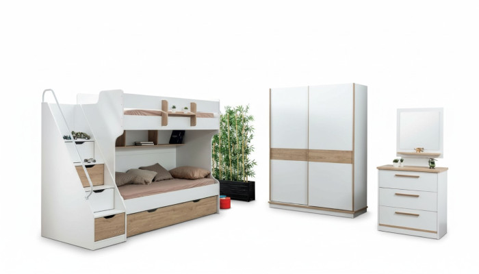 Hoogslaper stapelbed commode spiegel slaapkamer spiegel meubels kast 4-delig.