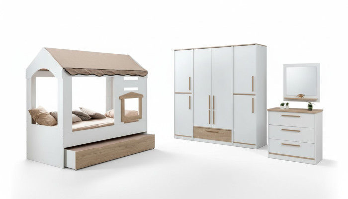 Kinderslaapkamer Bedhuis Overdekt bed Slaapkamerset Spiegel 4-delig.