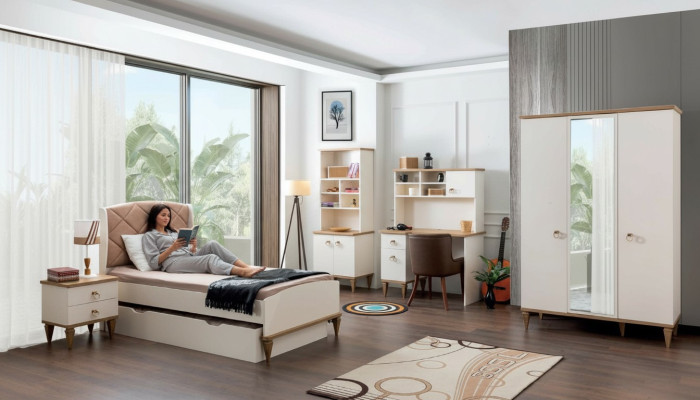 Uniseks slaapkamer jeugdkamer set bed nachtkastje boekenplank tafel 5-delig Nieuw