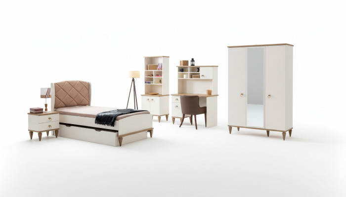 Uniseks slaapkamer jeugdkamer set bed nachtkastje boekenplank tafel 5-delig Nieuw