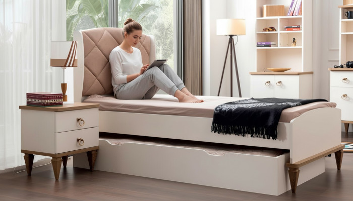 Kinderkamer set Beige Kinderbed Nachtkastje Jongenskamer Design Modern Nieuw 2-delig.