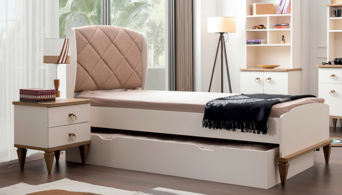 Kinderkamer set Beige Kinderbed Nachtkastje Jongenskamer Design Modern Nieuw 2-delig.