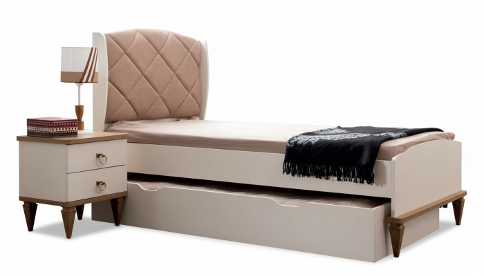 Kinderkamer set Beige Kinderbed Nachtkastje Jongenskamer Design Modern Nieuw 2-delig.