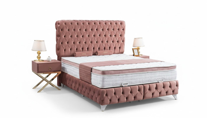 Boxspring Rosa Chesterfield Bed Elegante Design Luxe 2x Nachtkastjes 3-delig.